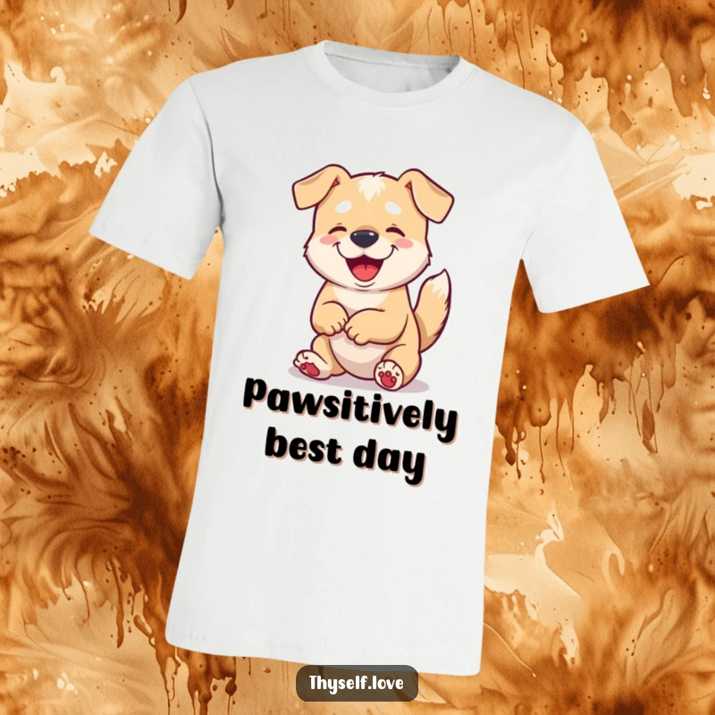 Funny t-shirt graphic of a happy dog wagging its tail and looking at its paws, showing utmost satisfaction.