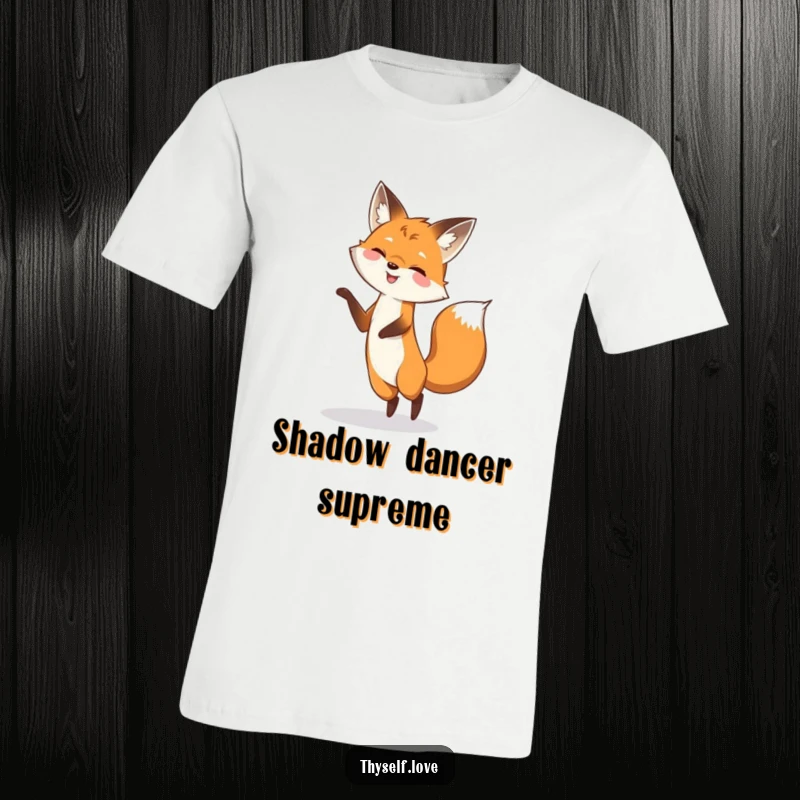 Funny t-shirt featuring a happy fox gleefully dancing and interacting with its shadow, radiating playful energy and a sense of fun.