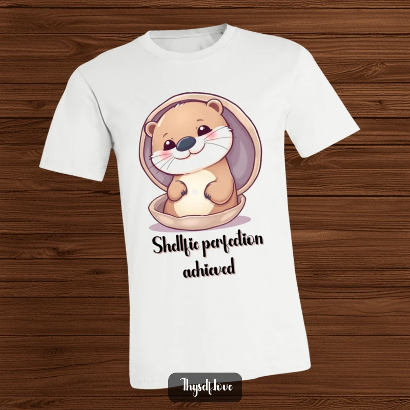 Funny t-shirt showcasing a smug otter admiring its own reflection in a gleaming shell, celebrating vanity and happiness.