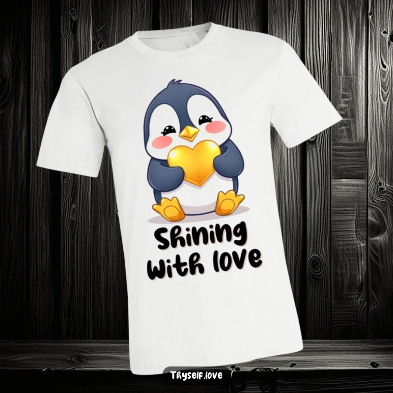 Funny T-Shirt: A happy penguin is busy polishing a gleaming golden heart, radiating affection and humor.