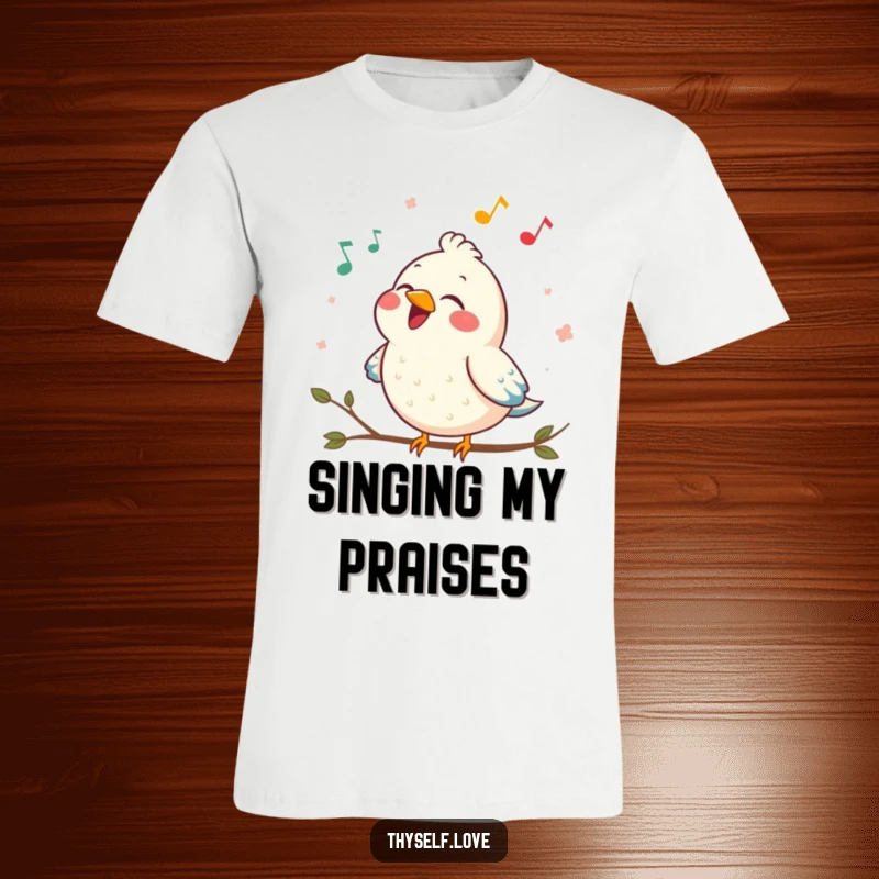 Funny t-shirt with a contented bird singing a joyful song, perfect for spreading cheer and humor.