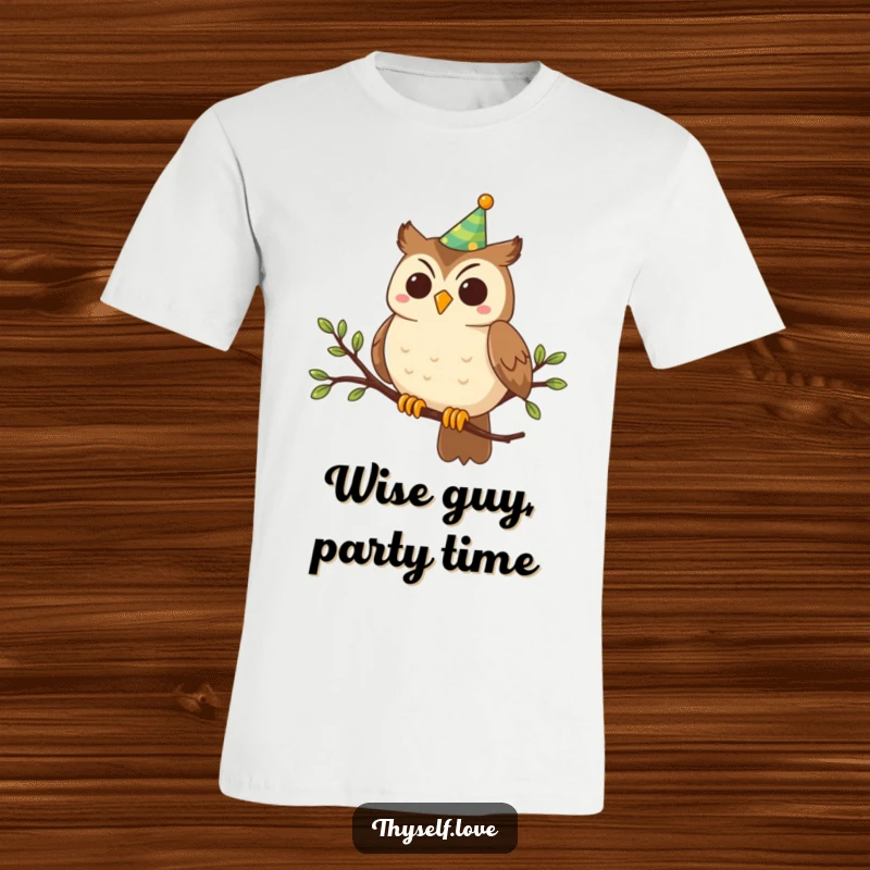 Funny T-Shirt: A smiling owl in a party hat sits on a branch, exuding pure, unadulterated fun and celebration.