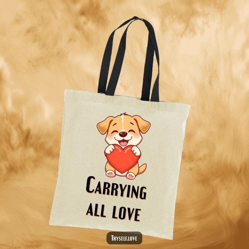 Funny tote bag with a happy dog embracing a heart, symbolizing love, warmth, and contentment, perfect for carrying essentials.