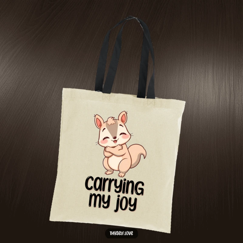 Funny happy squirrel tote bag, giving itself a big hug, practical and cheerful, promoting self-love. A humorous accessory.