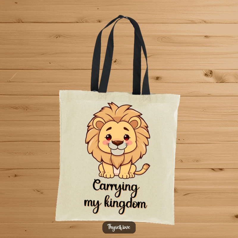 Funny tote bag, proud lion smoothing mane, confident smile, majestic style, carrying essentials with pride, wonderful funny gift.