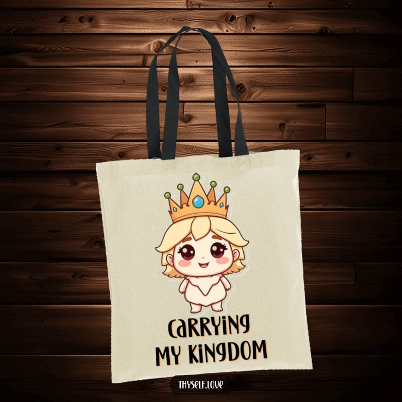 Funny Tote Bag: A character wearing a crown smiles confidently, a humorous accessory for carrying your treasures.