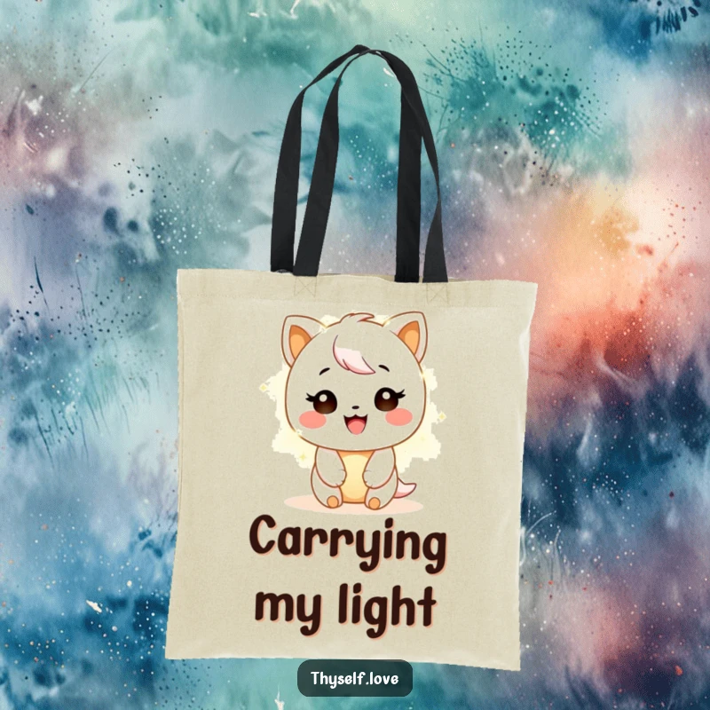 Funny Tote Bag: A cheerful character basks in a soft, warm light, a humorous representation of inner joy.