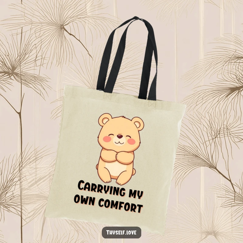Funny tote bag featuring a happy bear character hugging itself, perfect for carrying essentials with a message of love.