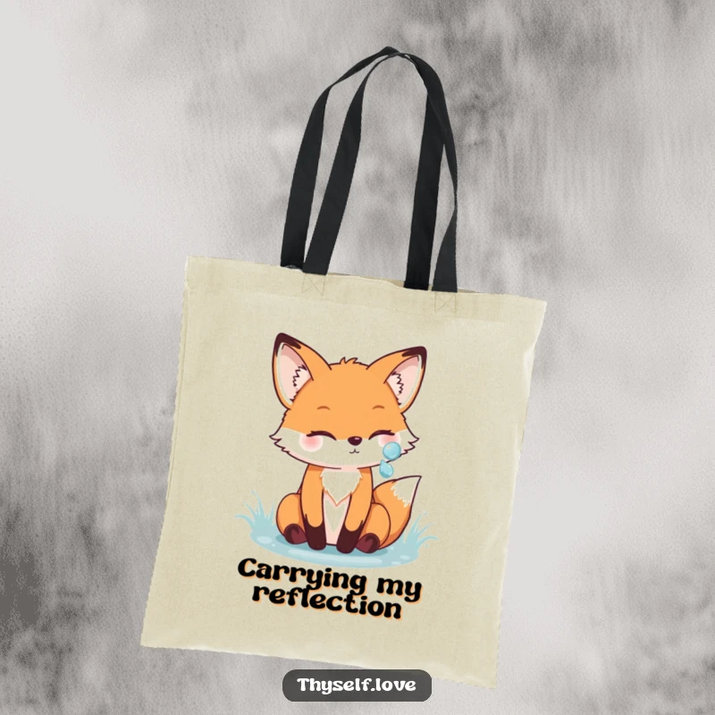 Funny fox tote bag featuring a cheerful fox admiring its reflection in a sparkling dewdrop, perfect for carrying essentials with whimsical woodland charm.