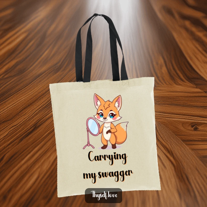 Funny fox tote bag with a confident fox striking a pose with a vanity mirror, showcasing its stylish demeanor.