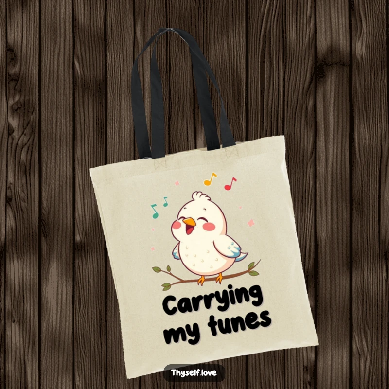Funny tote bag featuring a contented bird singing a joyful song, ideal for music lovers and adding a humorous touch.