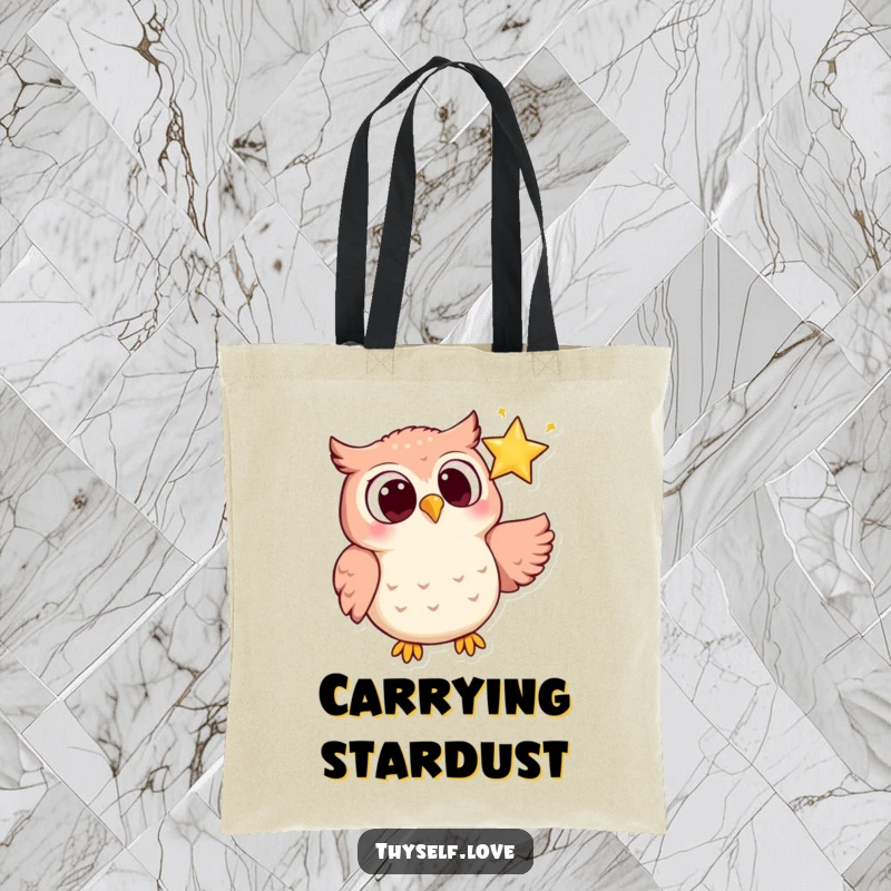 Funny tote bag with a joyful owl, wide-eyed, looking lovingly at a sparkling star, perfect for carrying dreams.