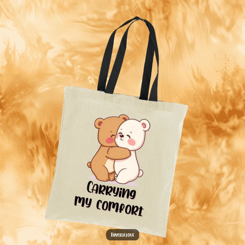 Funny bear tote bag with a happy bear character giving itself a warm hug, symbolizing comfort and self-acceptance.