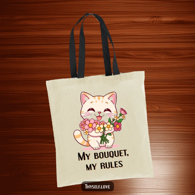 Funny cat tote bag with a smiling cat proudly presenting a bouquet of flowers to itself, embodying self-love.