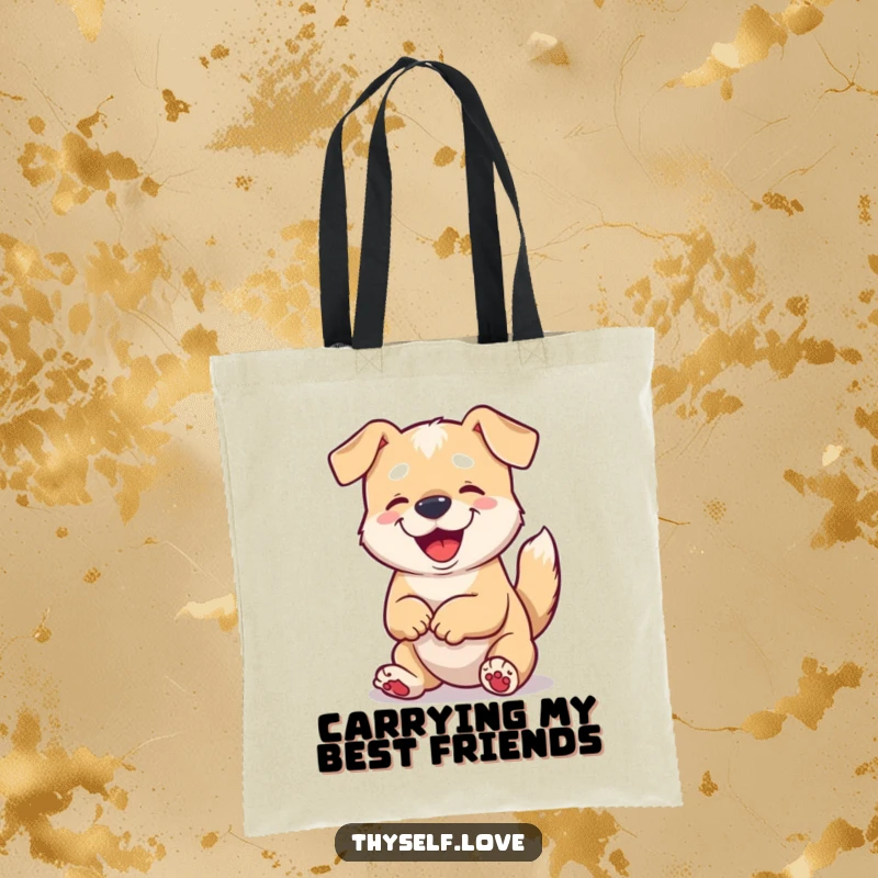 Funny tote bag featuring a content dog wagging its tail while looking at its paws, perfect for daily errands.