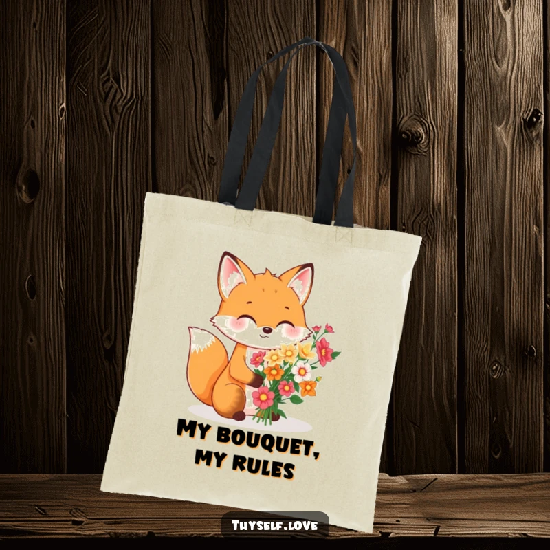 Funny Tote Bag: A stylish fox carefully arranging a beautiful bouquet of flowers just for itself, depicted on a practical and charming tote.