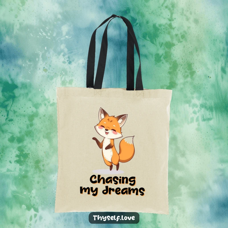 Funny tote bag with a smiling fox playfully dancing alongside its shadow, perfect for carrying items with a touch of whimsical fun.