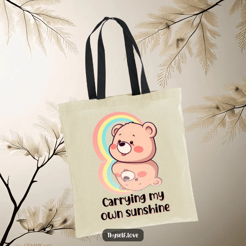 Funny Tote Bag: A joyful bear giggling at a self-generated rainbow appearing in its reflection, showcasing a portable piece of happiness.