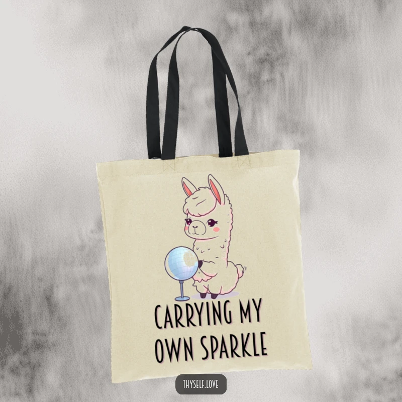 Funny llama tote bag with a cute llama appreciating its reflection in a shiny disco ball, embodying fabulousness and fun.