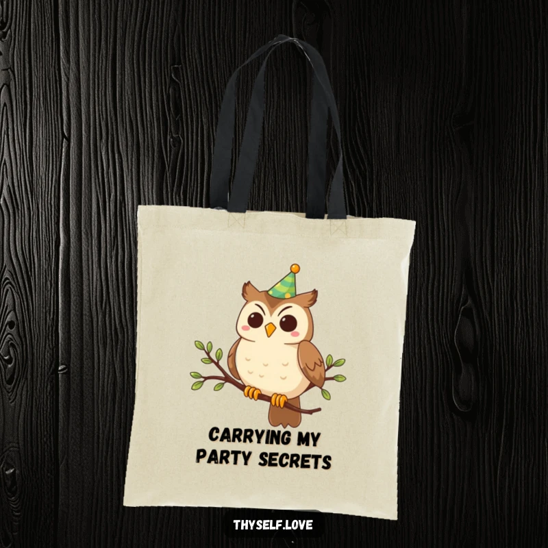 Funny Tote Bag: A smiling owl in a party hat sits on a branch, ready for any adventure with a touch of humor.