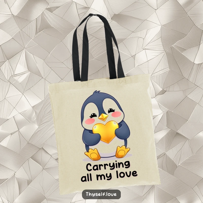 Funny Tote Bag: A happy penguin diligently polishes a shiny golden heart, perfect for carrying love and everyday items.