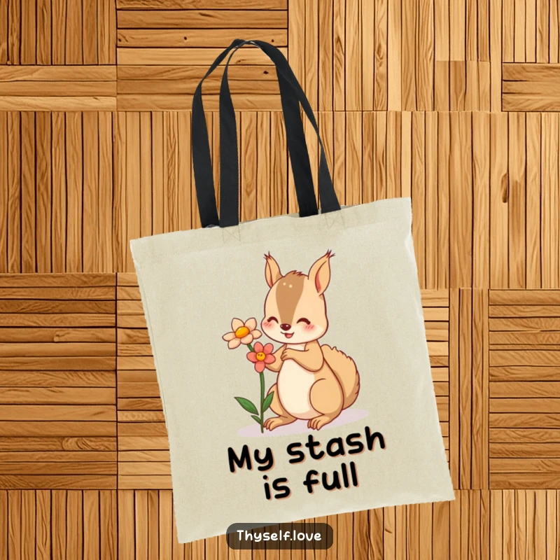 Funny tote bag with a squirrel offering a flower to its reflection, a symbol of self-love and nature.