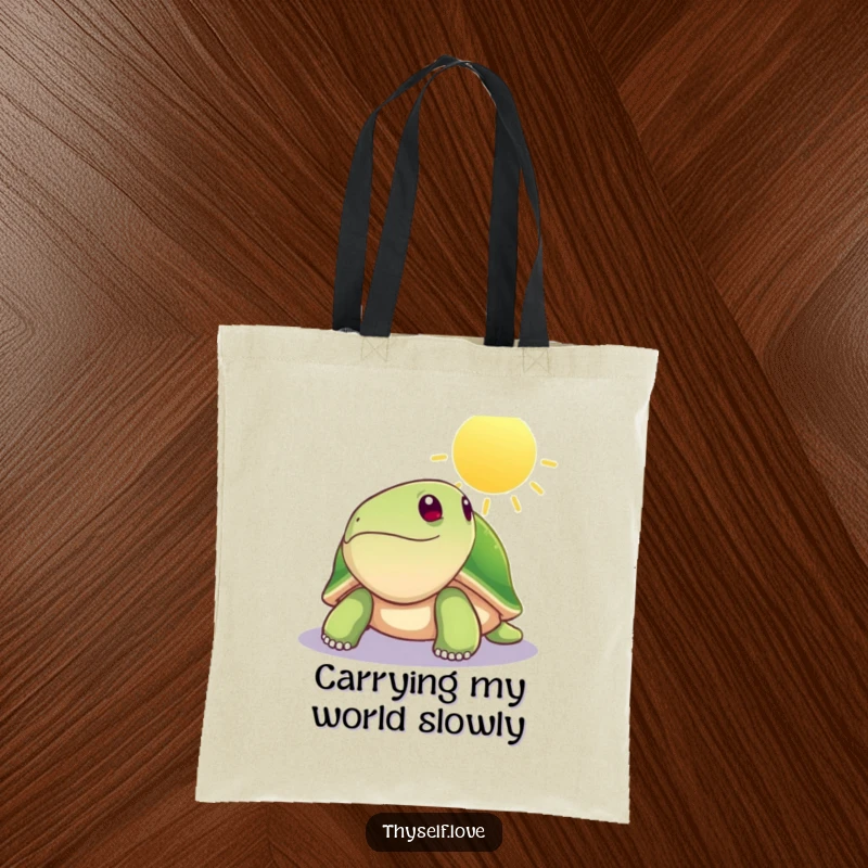 Funny tote bag featuring a serene turtle enjoying a sunbeam, exuding a hilariously relaxed and carefree vibe. Ideal for everyday use and gifting.