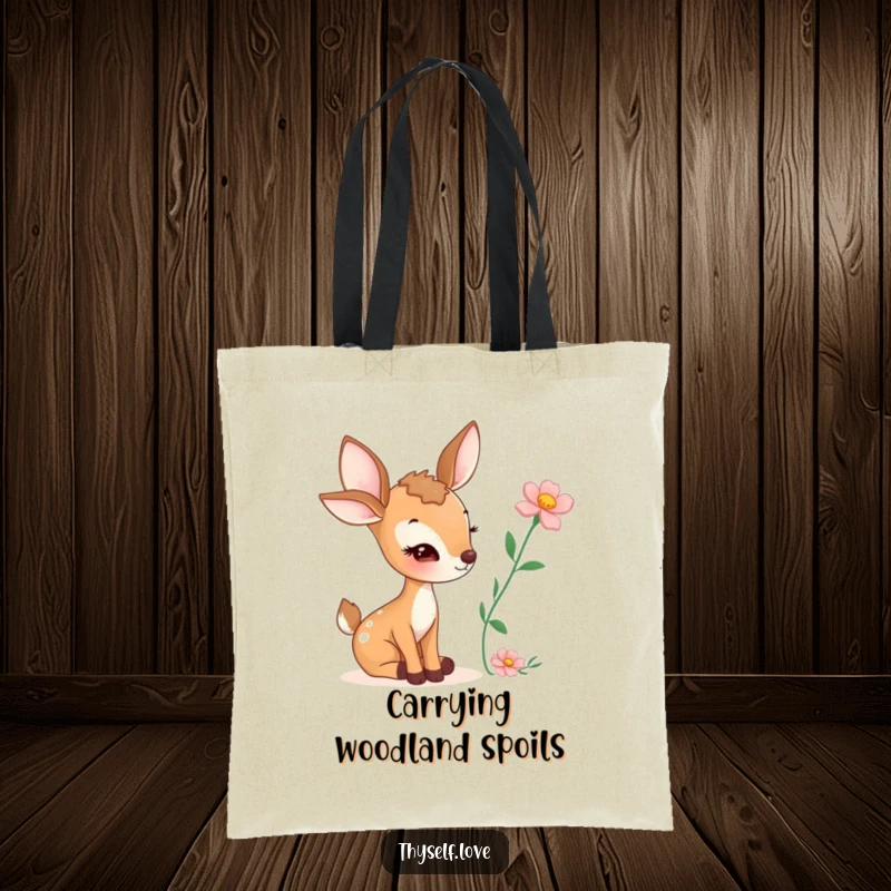 Funny tote bag featuring a winking deer holding a picked flower, highlighting its sweet and slightly cheeky nature.