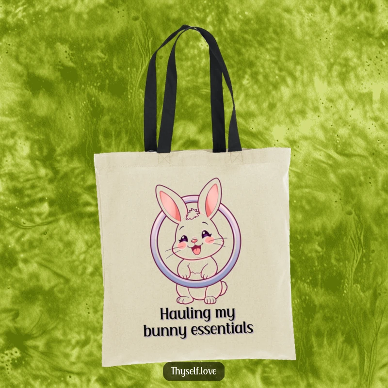 Funny tote bag with a smiling bunny admiring itself in a round mirror, great for shopping or daily use.