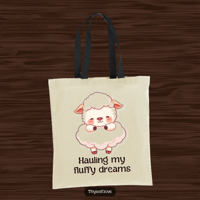 Funny Tote Bag: A happy sheep is peacefully nestled in a fluffy cloud, ideal for carrying peace and daily items.
