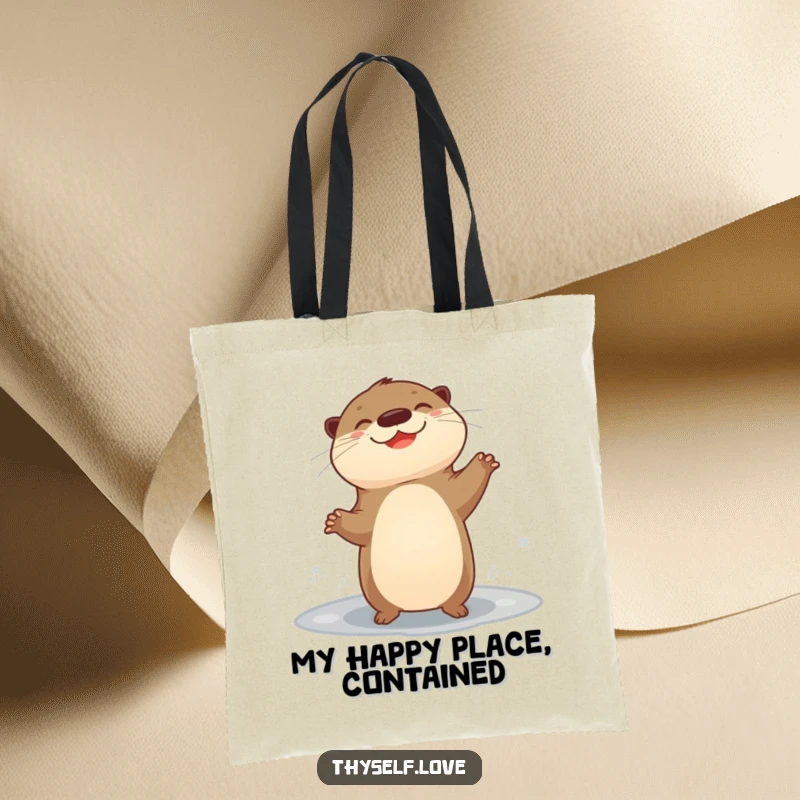 Funny tote bag showing a giggling otter dancing happily in front of a puddle, a symbol of pure aquatic delight.