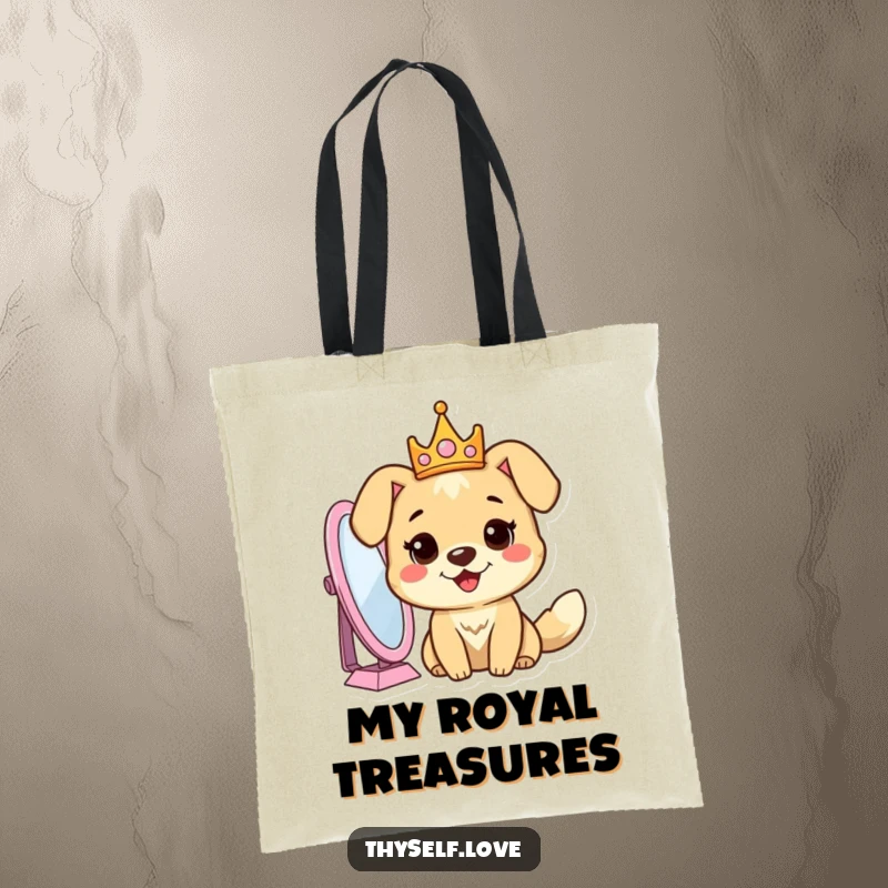 Funny dog tote bag with a cheerful dog wearing a crown, admiring its reflection in a mirror, exuding confidence.