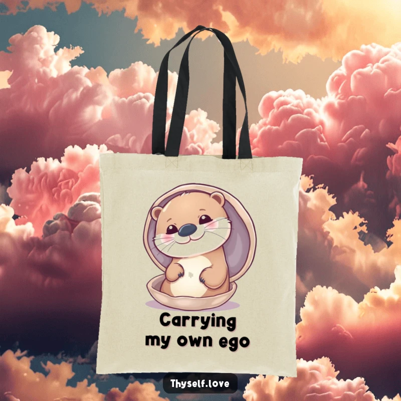 Funny tote bag with a happy otter admiring its appearance in a shiny shell, a symbol of confidence and style.